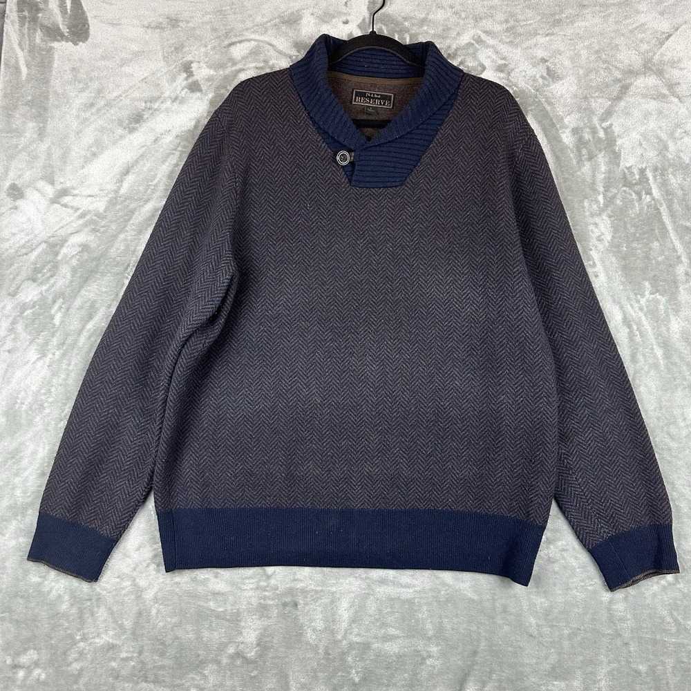 Jos A Bank Sweater Men's L Blue Brown Herringbone Wool Shawl Collar Elbow Patch